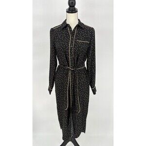 Black Polka Dot Dress XS Tan Trim LS MIDI Shirttail‎ Cuff Who What Where